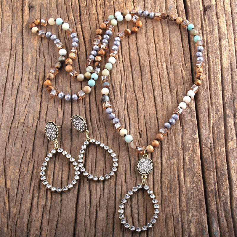 Natural Stone & Glass Long Knotted Drop Pendant Necklace Earring Set