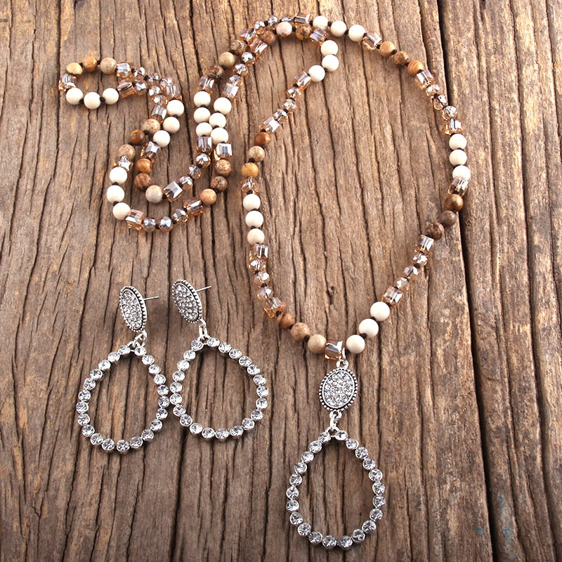 Natural Stone & Glass Long Knotted Drop Pendant Necklace Earring Set
