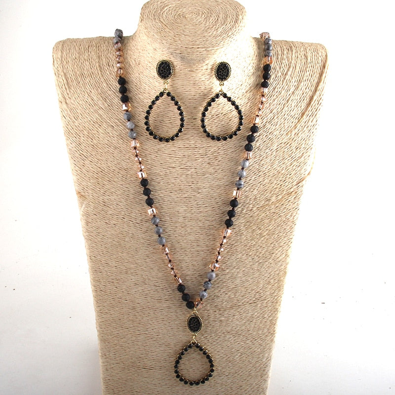 Natural Stone & Glass Long Knotted Drop Pendant Necklace Earring Set