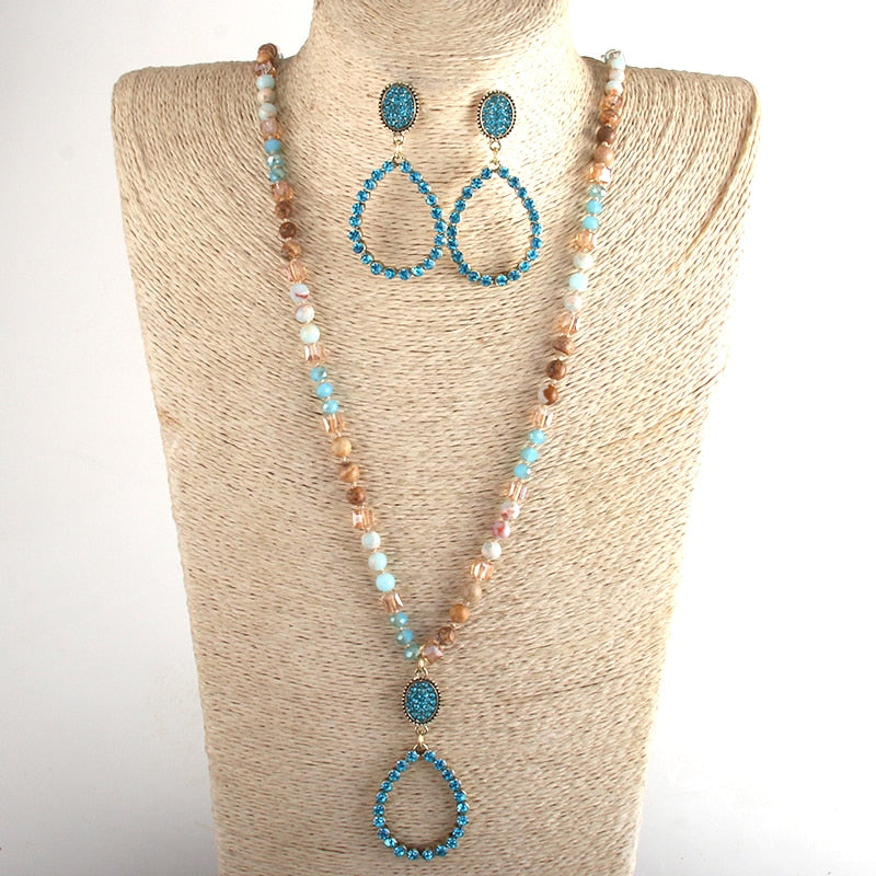 Natural Stone & Glass Long Knotted Drop Pendant Necklace Earring Set