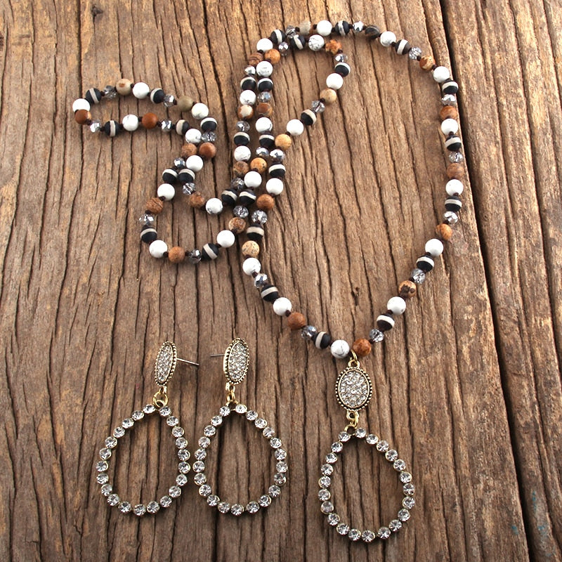 Natural Stone & Glass Long Knotted Drop Pendant Necklace Earring Set
