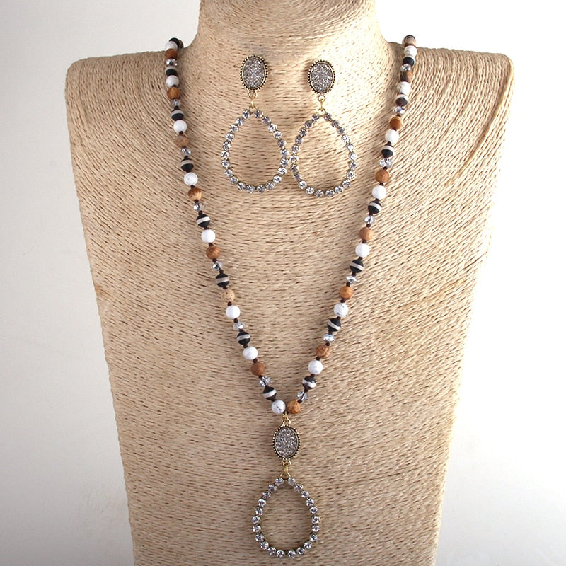 Natural Stone & Glass Long Knotted Drop Pendant Necklace Earring Set
