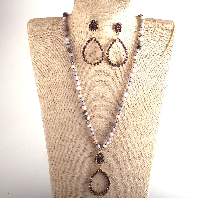 Natural Stone & Glass Long Knotted Drop Pendant Necklace Earring Set