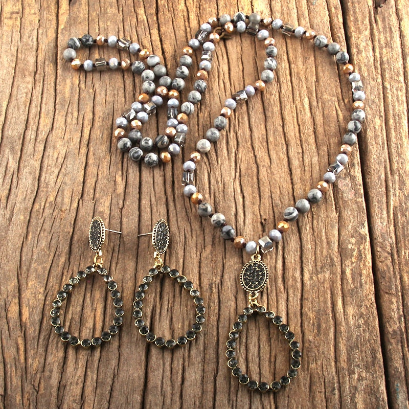 Natural Stone & Glass Long Knotted Drop Pendant Necklace Earring Set