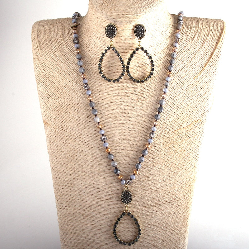 Natural Stone & Glass Long Knotted Drop Pendant Necklace Earring Set