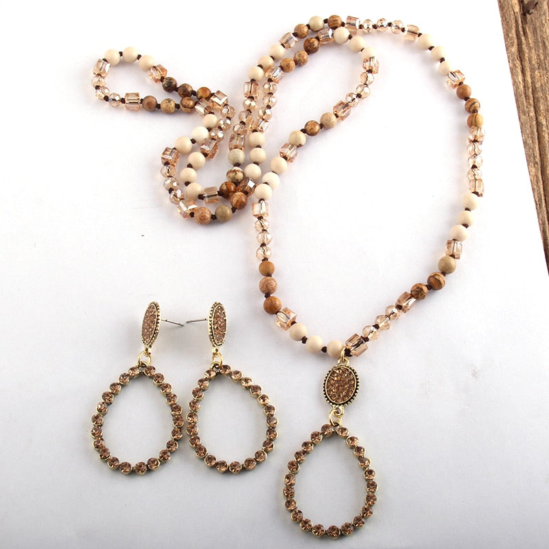 Natural Stone & Glass Long Knotted Drop Pendant Necklace Earring Set
