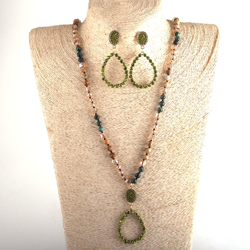 Natural Stone & Glass Long Knotted Drop Pendant Necklace Earring Set