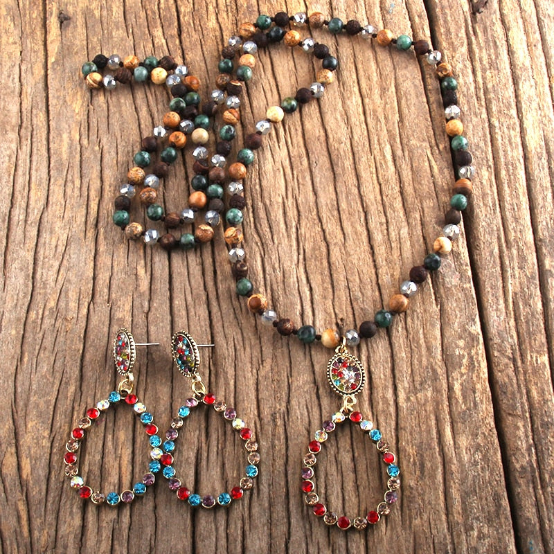 Natural Stone & Glass Long Knotted Drop Pendant Necklace Earring Set