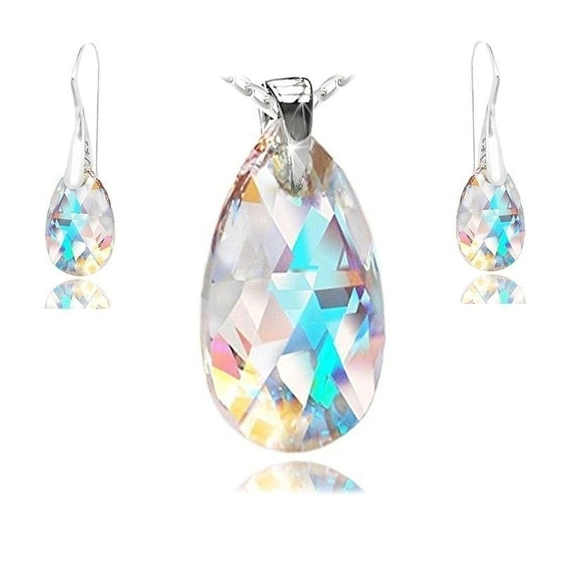 Crystals  Blue Aurora Borealis  Earrings Necklace Jewelry Set