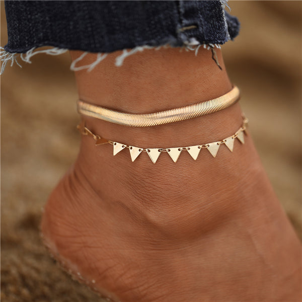 Tobilleras bohemias con mariposas de cristal multicapa en color dorado para mujer