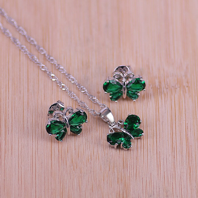 butterfly top cubic zircon silver earrings necklace pendant set