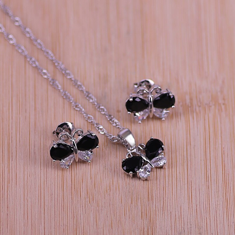butterfly top cubic zircon silver earrings necklace pendant set