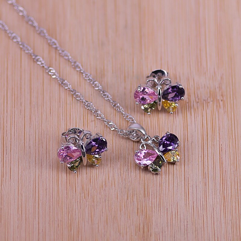 butterfly top cubic zircon silver earrings necklace pendant set