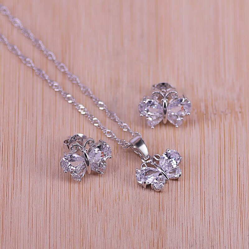 butterfly top cubic zircon silver earrings necklace pendant set