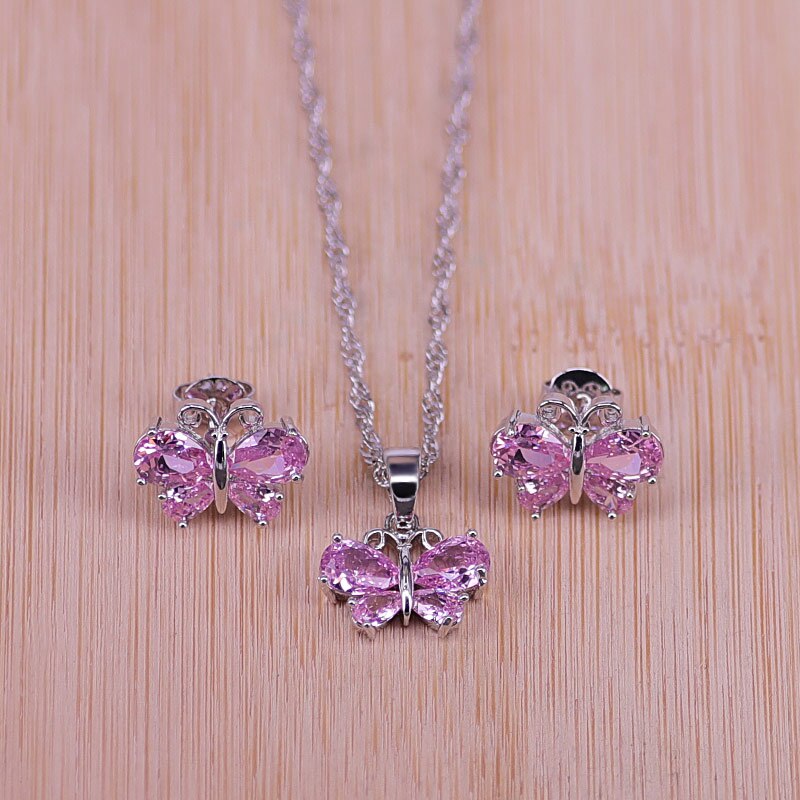 butterfly top cubic zircon silver earrings necklace pendant set