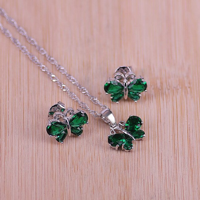 butterfly top cubic zircon silver earrings necklace pendant set