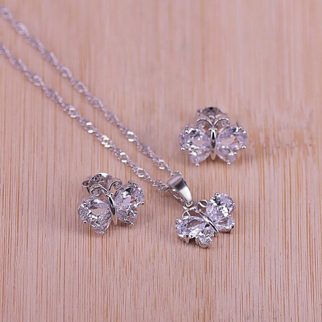 butterfly top cubic zircon silver earrings necklace pendant set