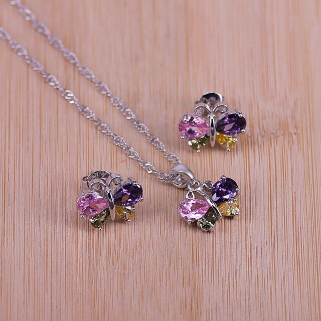 butterfly top cubic zircon silver earrings necklace pendant set