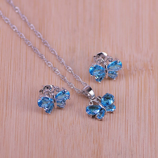 butterfly top cubic zircon silver earrings necklace pendant set