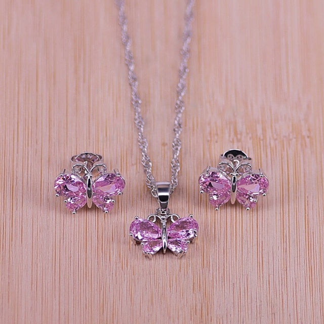 butterfly top cubic zircon silver earrings necklace pendant set