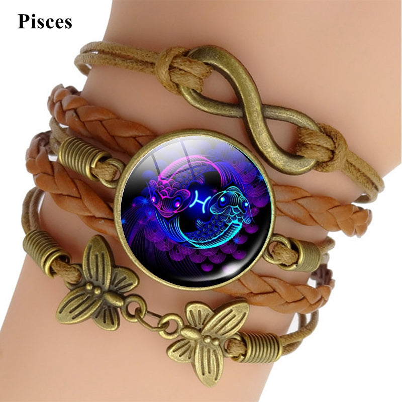 12 Zodiac Sign Woven Leather Bracelet