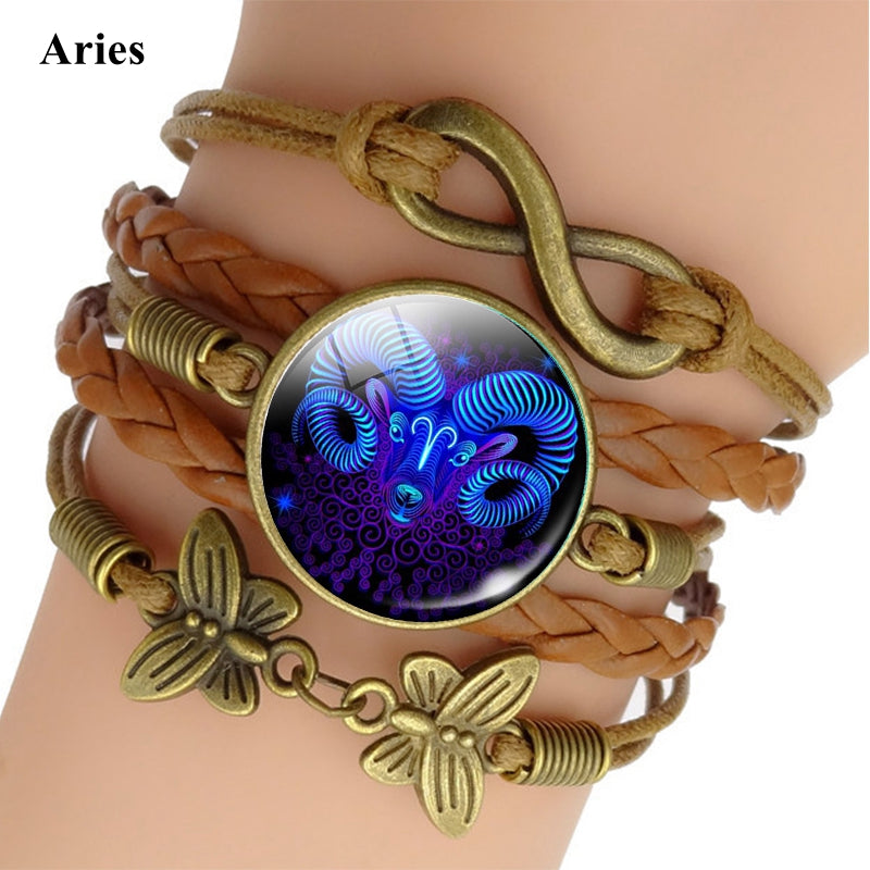 12 Zodiac Sign Woven Leather Bracelet