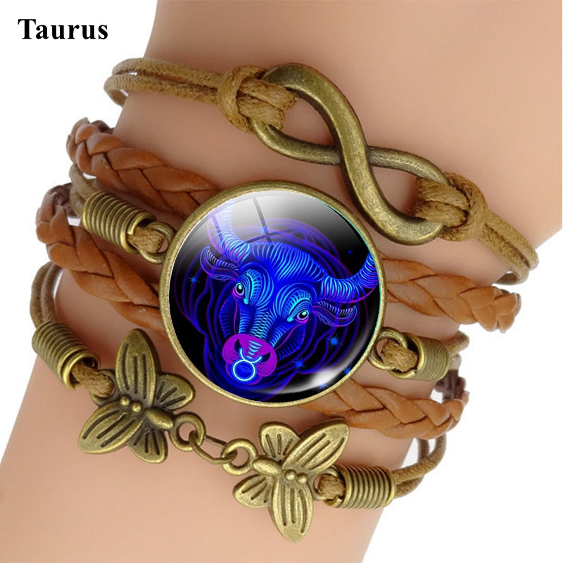 12 Zodiac Sign Woven Leather Bracelet