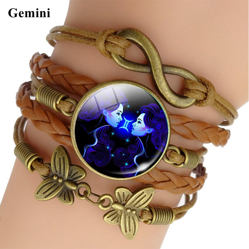 12 Zodiac Sign Woven Leather Bracelet