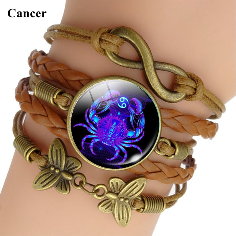 12 Zodiac Sign Woven Leather Bracelet