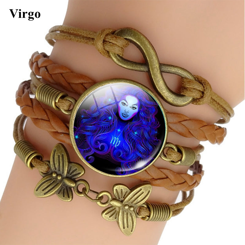 12 Zodiac Sign Woven Leather Bracelet