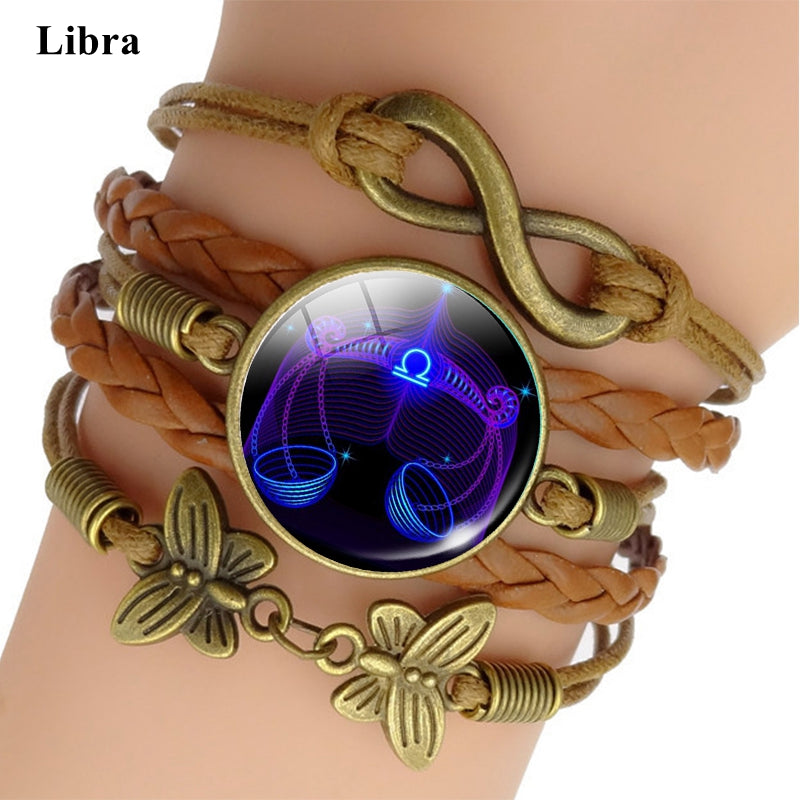 12 Zodiac Sign Woven Leather Bracelet