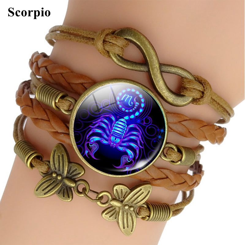12 Zodiac Sign Woven Leather Bracelet