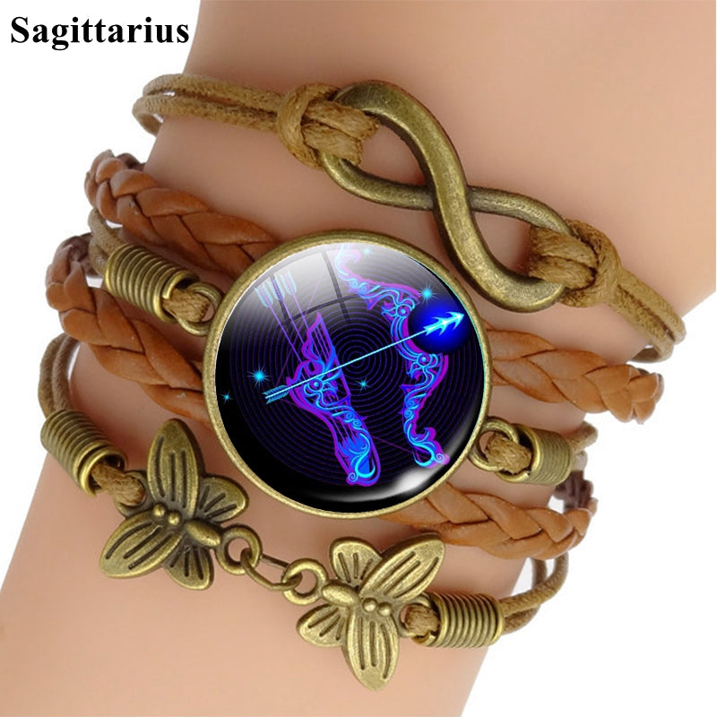 12 Zodiac Sign Woven Leather Bracelet