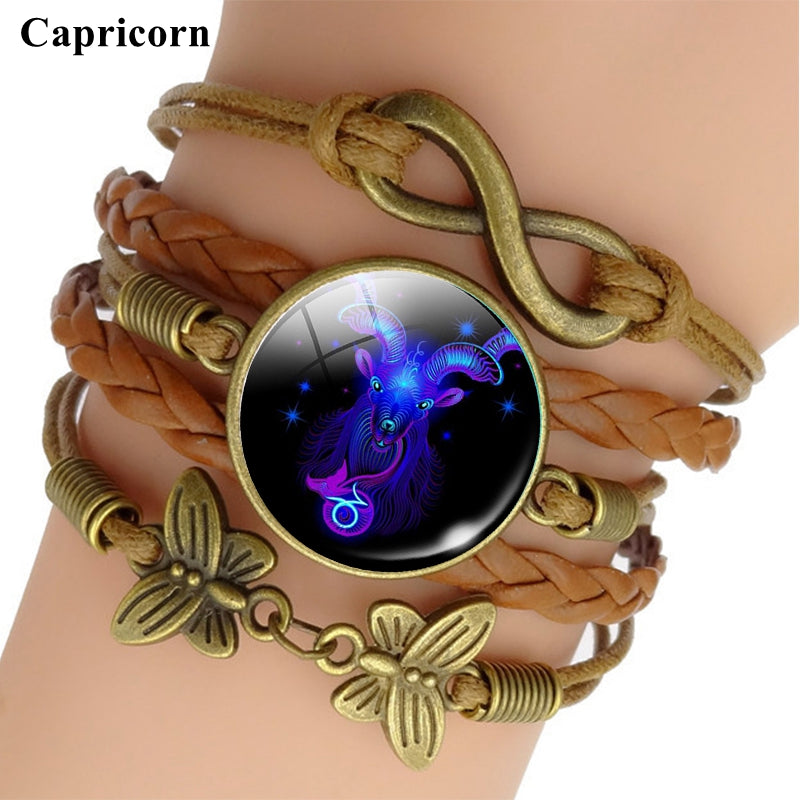 12 Zodiac Sign Woven Leather Bracelet