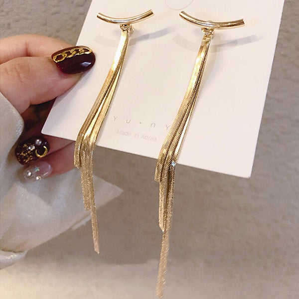 Pendientes largos con borlas y barra de color dorado vintage para mujer