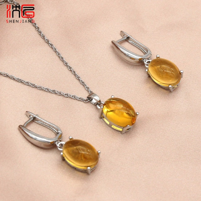 Simple Oval Dangle Earrings Pendant Necklace Jewelry Sets