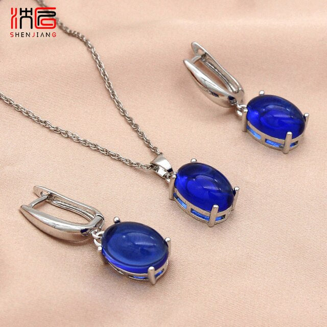 Simple Oval Dangle Earrings Pendant Necklace Jewelry Sets