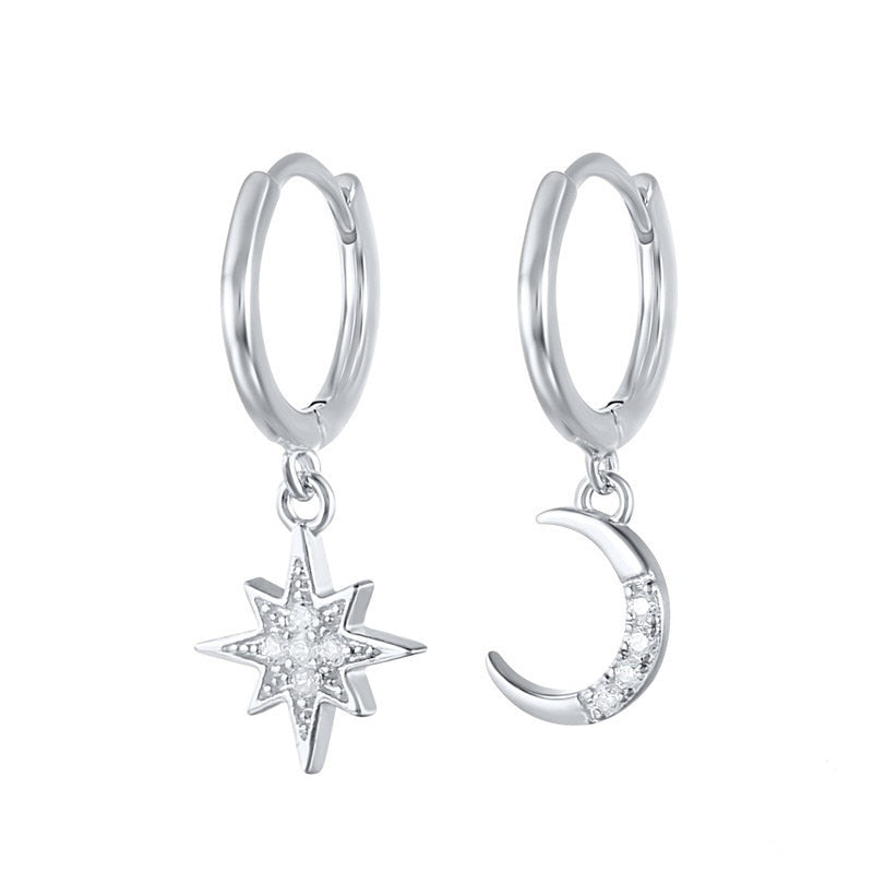 Prevent Allergy 925 Sterling Silver Asymmetrical Star Moon Earrings