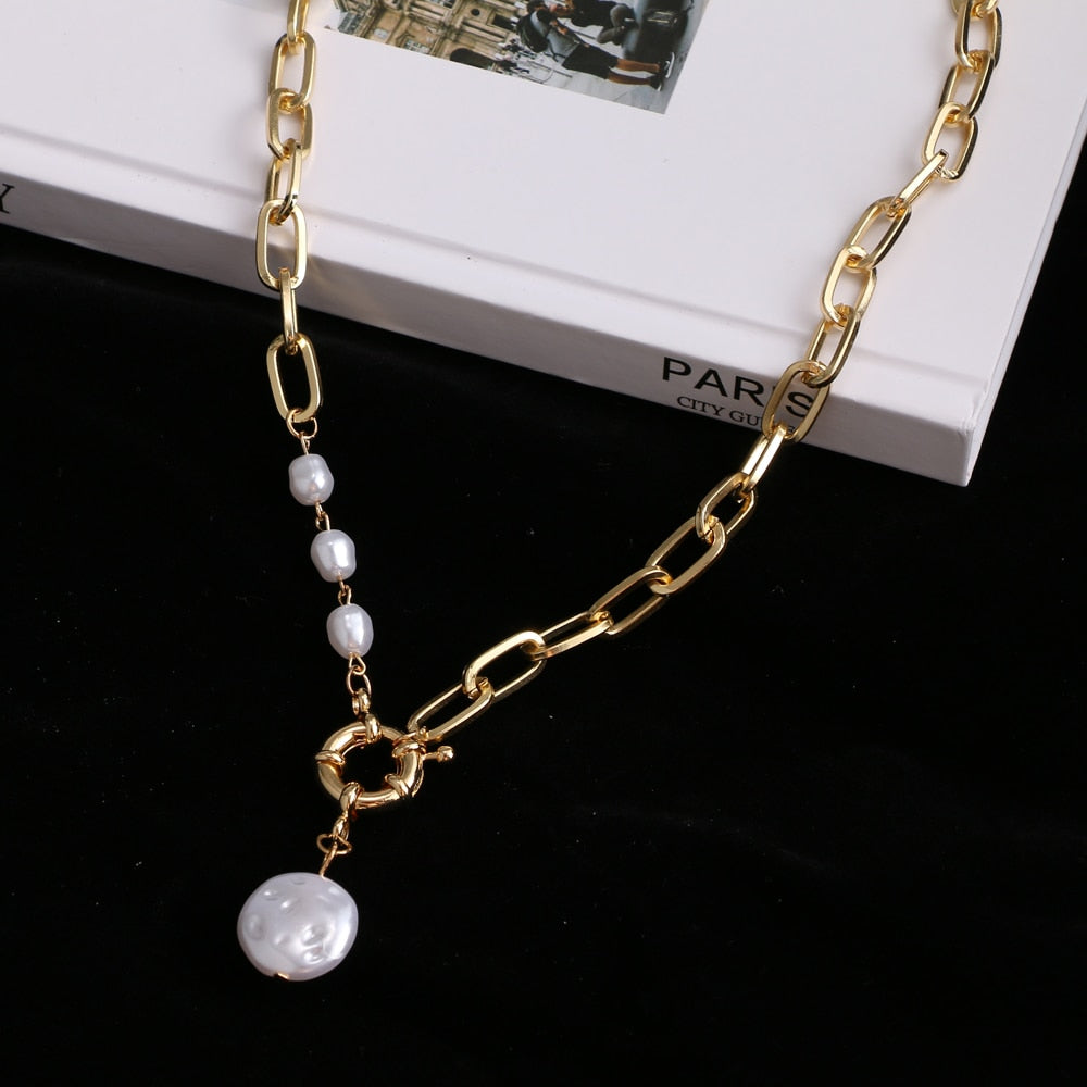 Fashion Imitation Pearl Thick Chain Pendant Necklace
