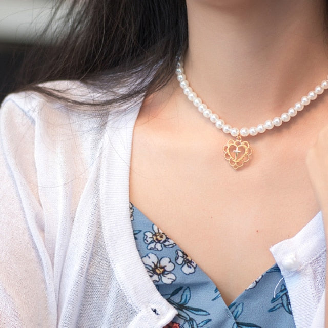 Fashion Imitation Pearl Thick Chain Pendant Necklace