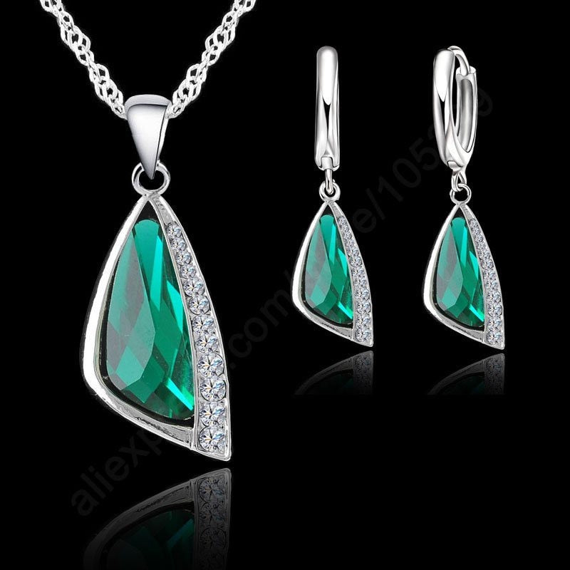 925 Serling Silver Green Cubic Zirconia Necklace Pendant Earrings Set