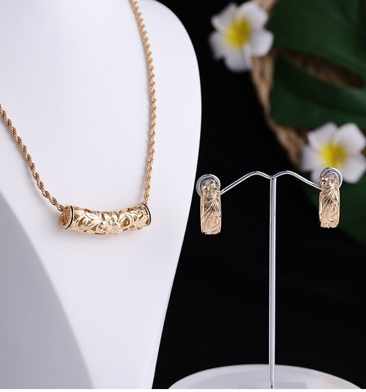 Hollow out Gold Hawaiian Necklace Flower Gold Necklace Earrings Set