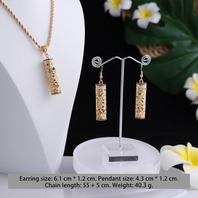 Hollow out Gold Hawaiian Necklace Flower Gold Necklace Earrings Set