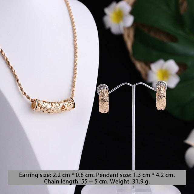 Hollow out Gold Hawaiian Necklace Flower Gold Necklace Earrings Set