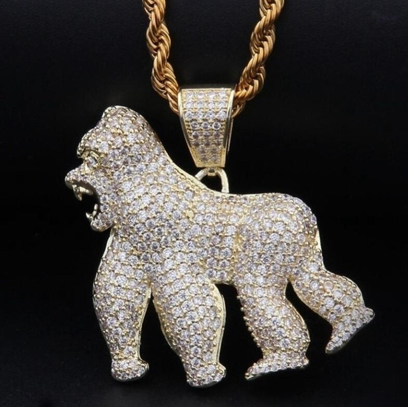 Men Hip Hop Fashion Full Rhinestone Bull Head Pendant Necklace
