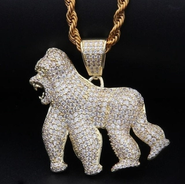 Men Hip Hop Fashion Full Rhinestone Bull Head Pendant Necklace