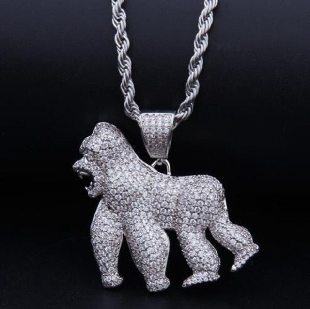Men Hip Hop Fashion Full Rhinestone Bull Head Pendant Necklace