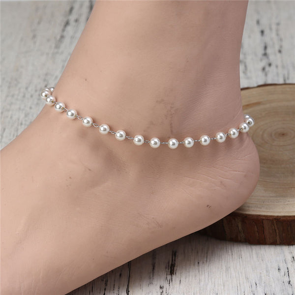Tobilleras de acero inoxidable 304 con perlas de imitación de acrílico blanco