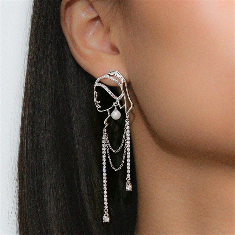 S925 Needle Hot Pearl Crystal Chain Portrait Earrings