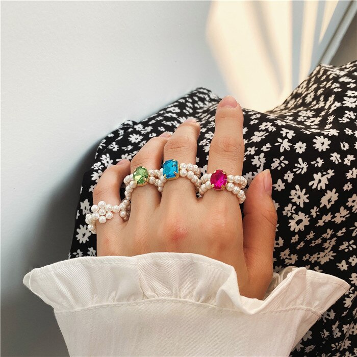 Fashion Handmade Braided Imitation Pearl Colorful Rhinestones Rings